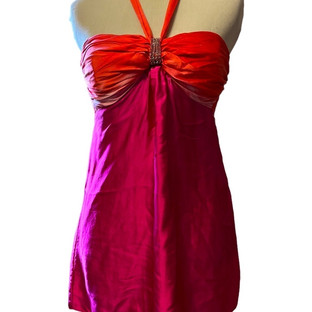 Cache 100% silk halter top with rhinestones and padding, hot pink and orange